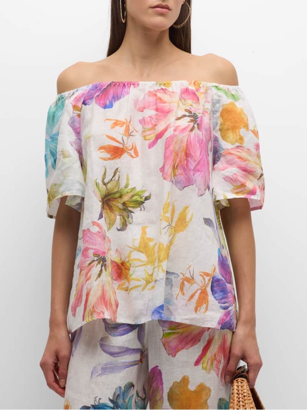 120% Lino Off-Shoulder Floral-Print Linen Blouse